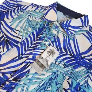 BOHIO Linen Hawaiian Shirt Mens Large Blue Teal Palm Leaves Beach Tropical NWT